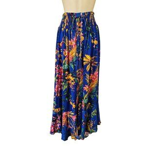 Cynthia Rowley Cinch Waist Maxi Skirt Sz M Tropical Blue Rayon Button Tie Front